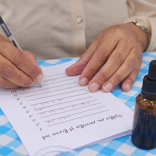 משתתפת רושמת את שילוב השמנים האישי שלה בסדנה להכנת בושם טבעי